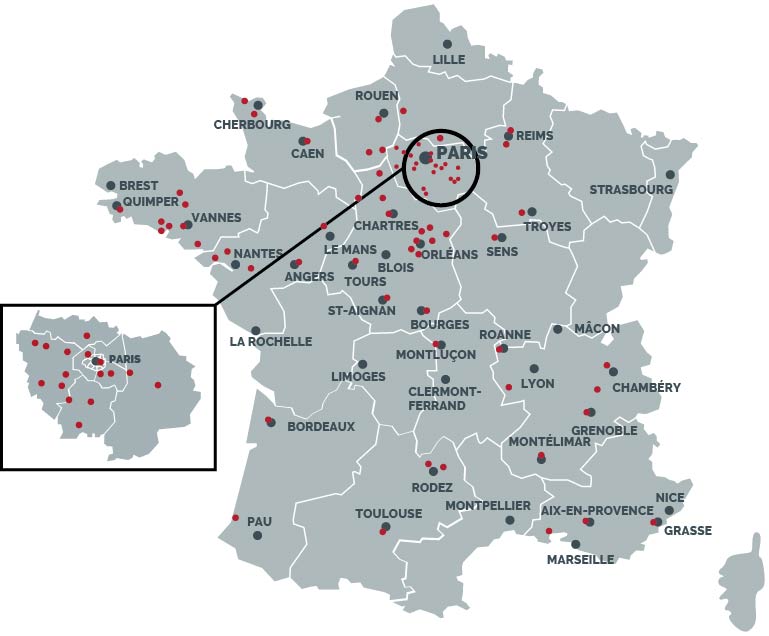 carte recensant les points de vente du réseau Lorenove